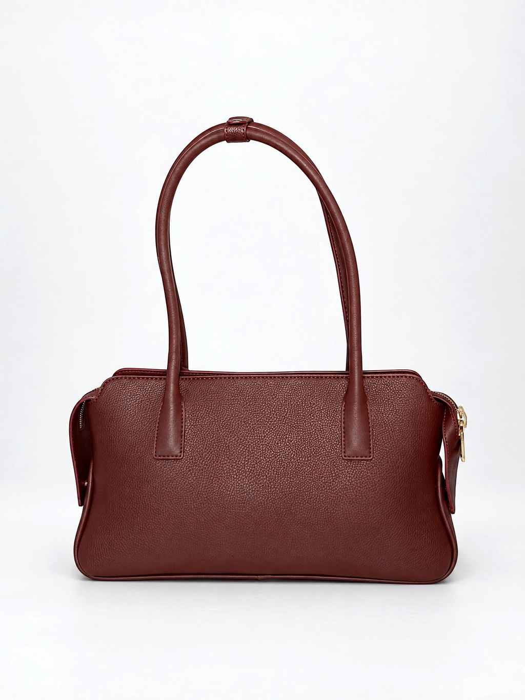 UMBERU marka, bordo renkli, dokulu deri görünümlü, fermuarlı ve uzun saplı şık kadın omuz çantası.
